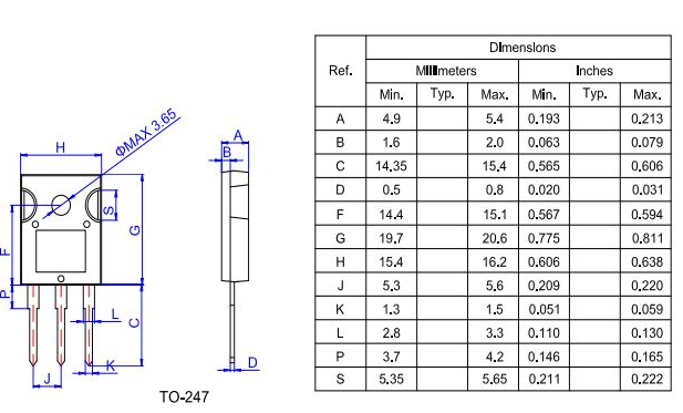 60A/200V快恢復(fù)二極管HFD6020HD結(jié)構(gòu)與尺寸表