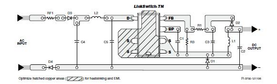 圖2a. 降壓型轉(zhuǎn)換器電路中采用LinkSwitch-TN器件P或G封裝的PCB板建議布局