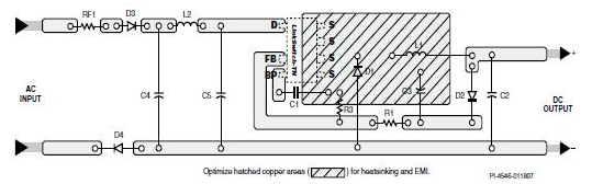 降壓型轉(zhuǎn)換器電路中采用LinkSwitch-TN器件D封裝的PCB板建議布局