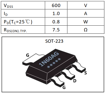 N溝道增強(qiáng)型1A/600V MOSFET