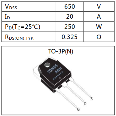 N溝道增強型20A/650V MOSFET