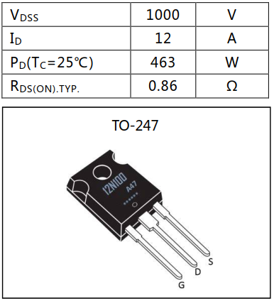 N溝道增強(qiáng)型12A/1000V MOSFET