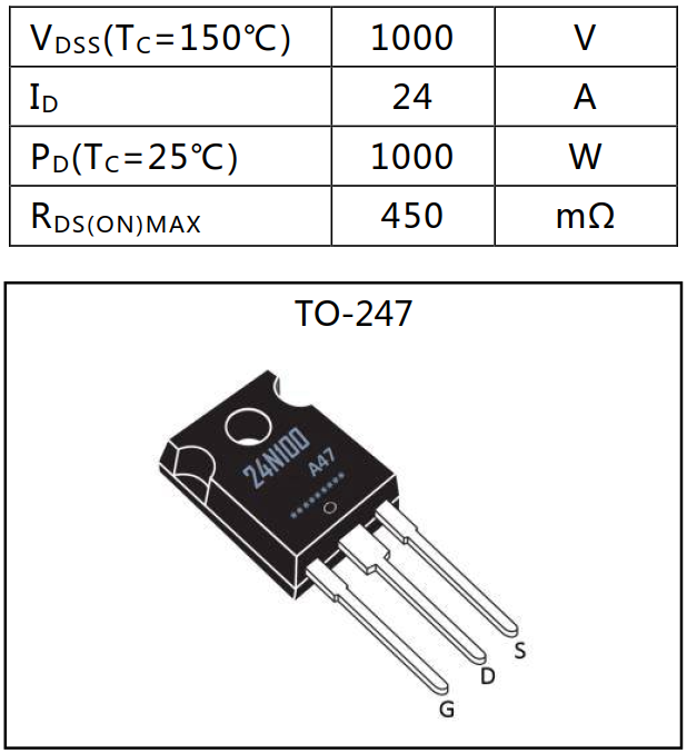 N溝道增強(qiáng)型24A/1000V MOSFET